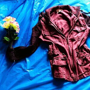 OTHERS FOLLOW PINKISH RED COTTON JACKET, ARMS & HOOD KNIT, DRAW-STRING WAIST, XP